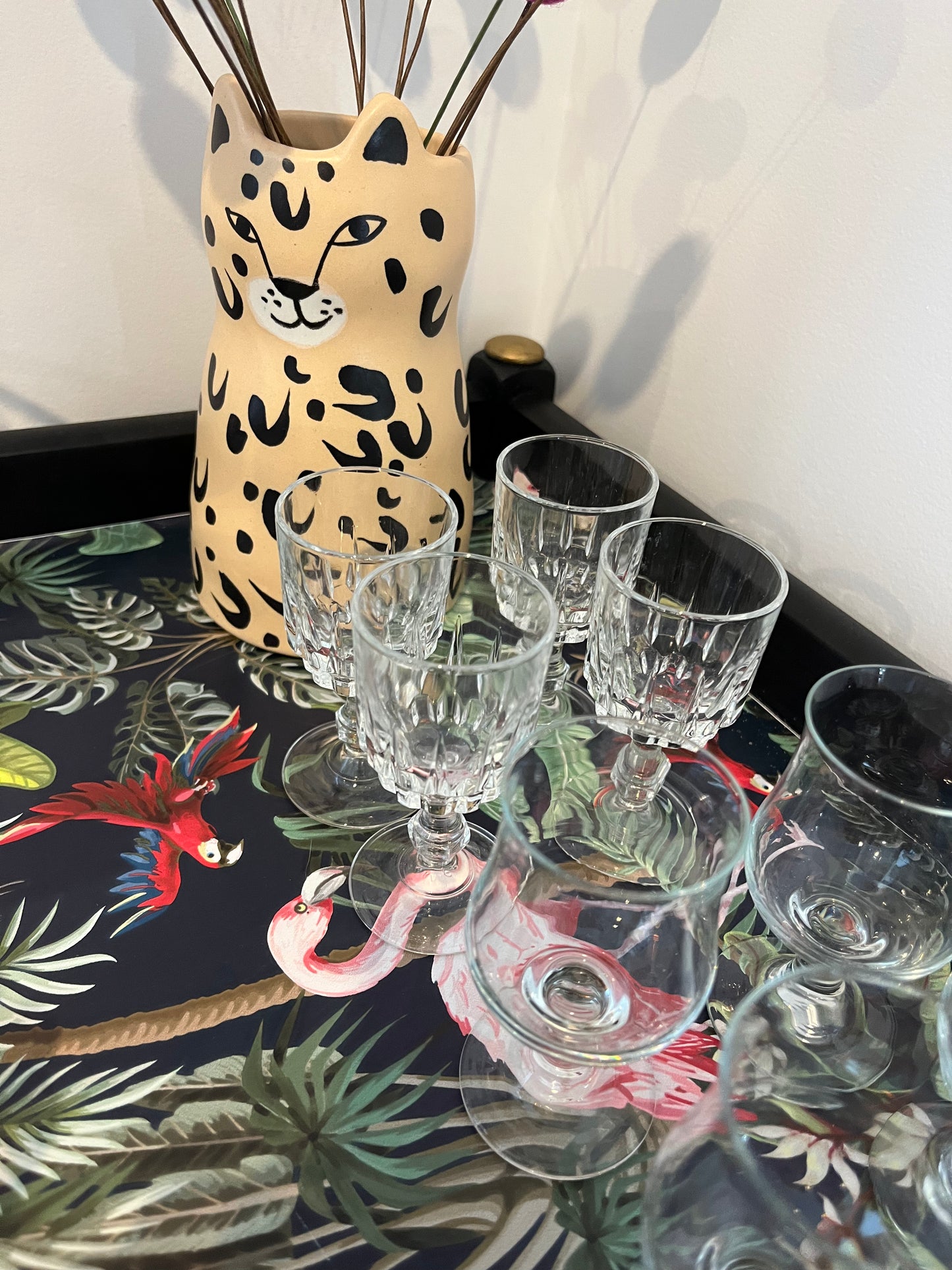 Mid Century Tropical Bar Cart with accessories
