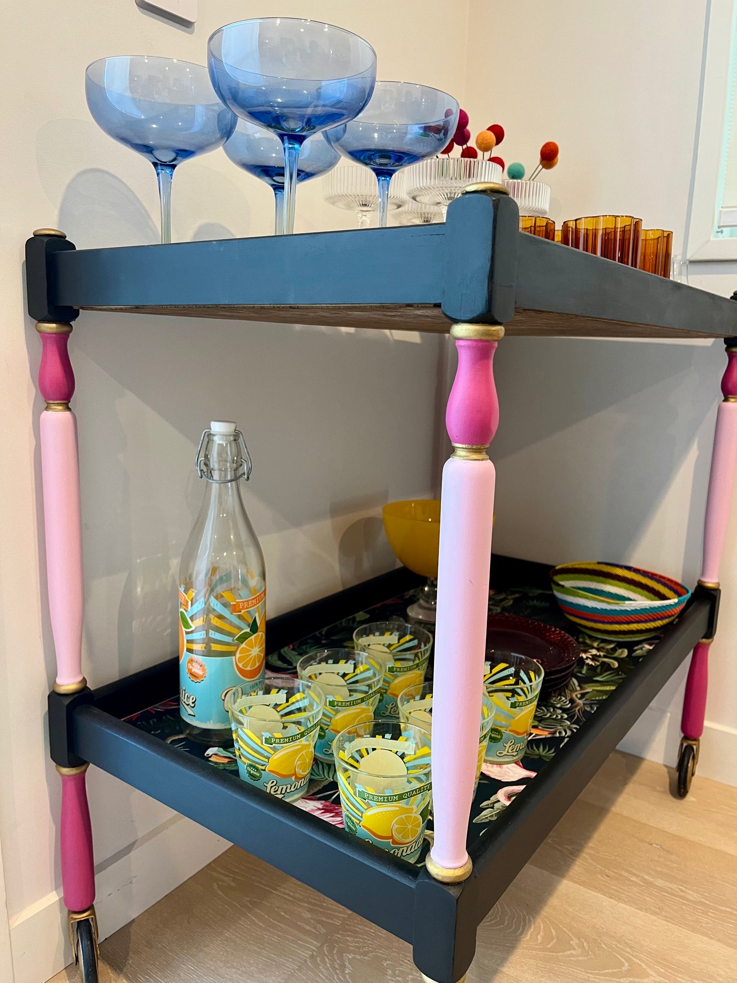 Mid Century Tropical Bar Cart with accessories