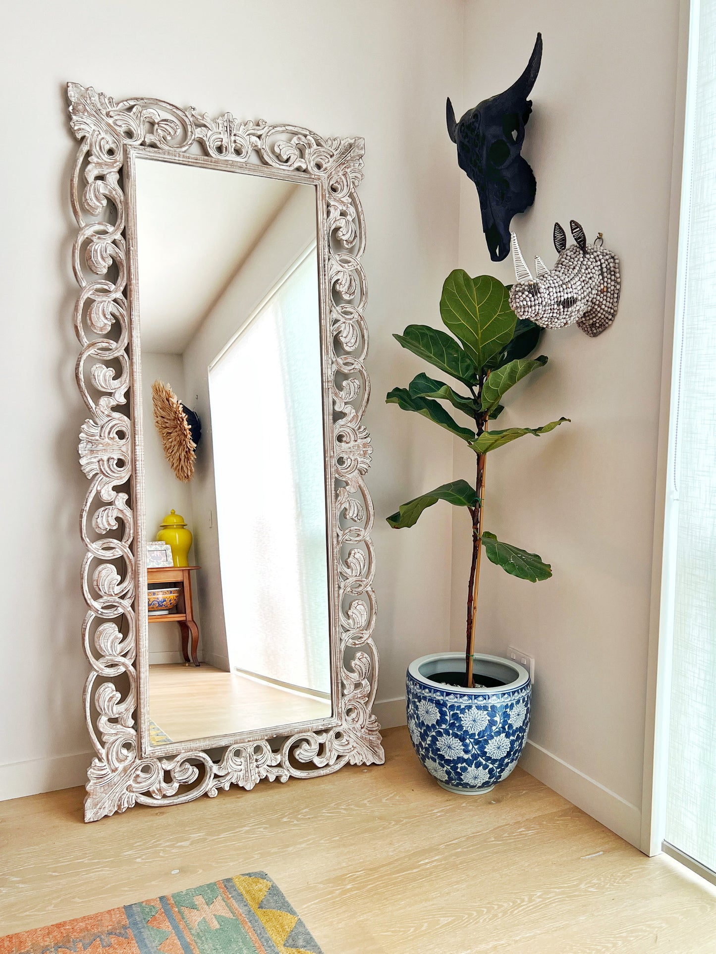Beautiful Balinese White Wooden Carved Mirror