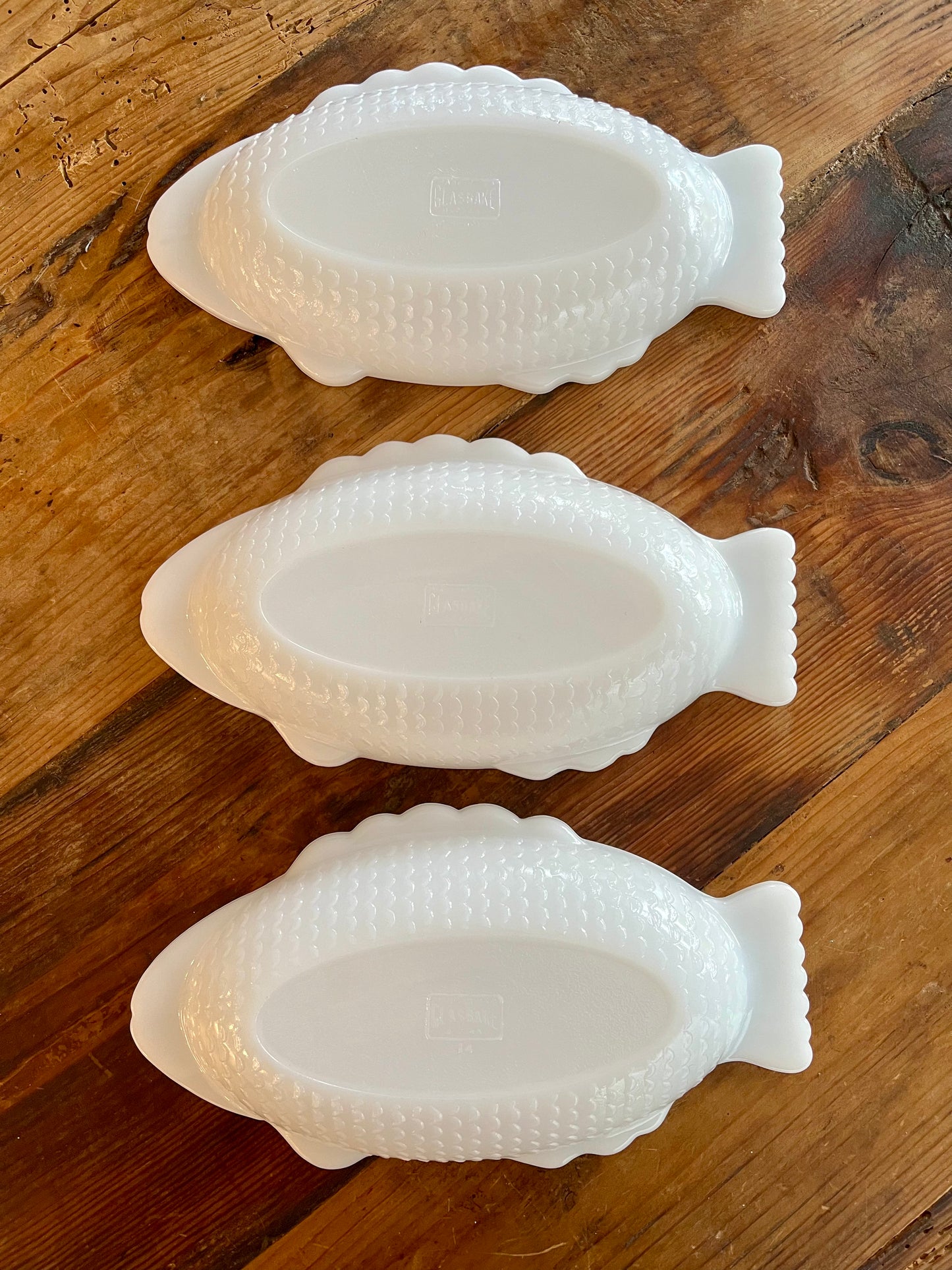 Trio of Vintage White Milk Glasbake Fish Shaped Dishes
