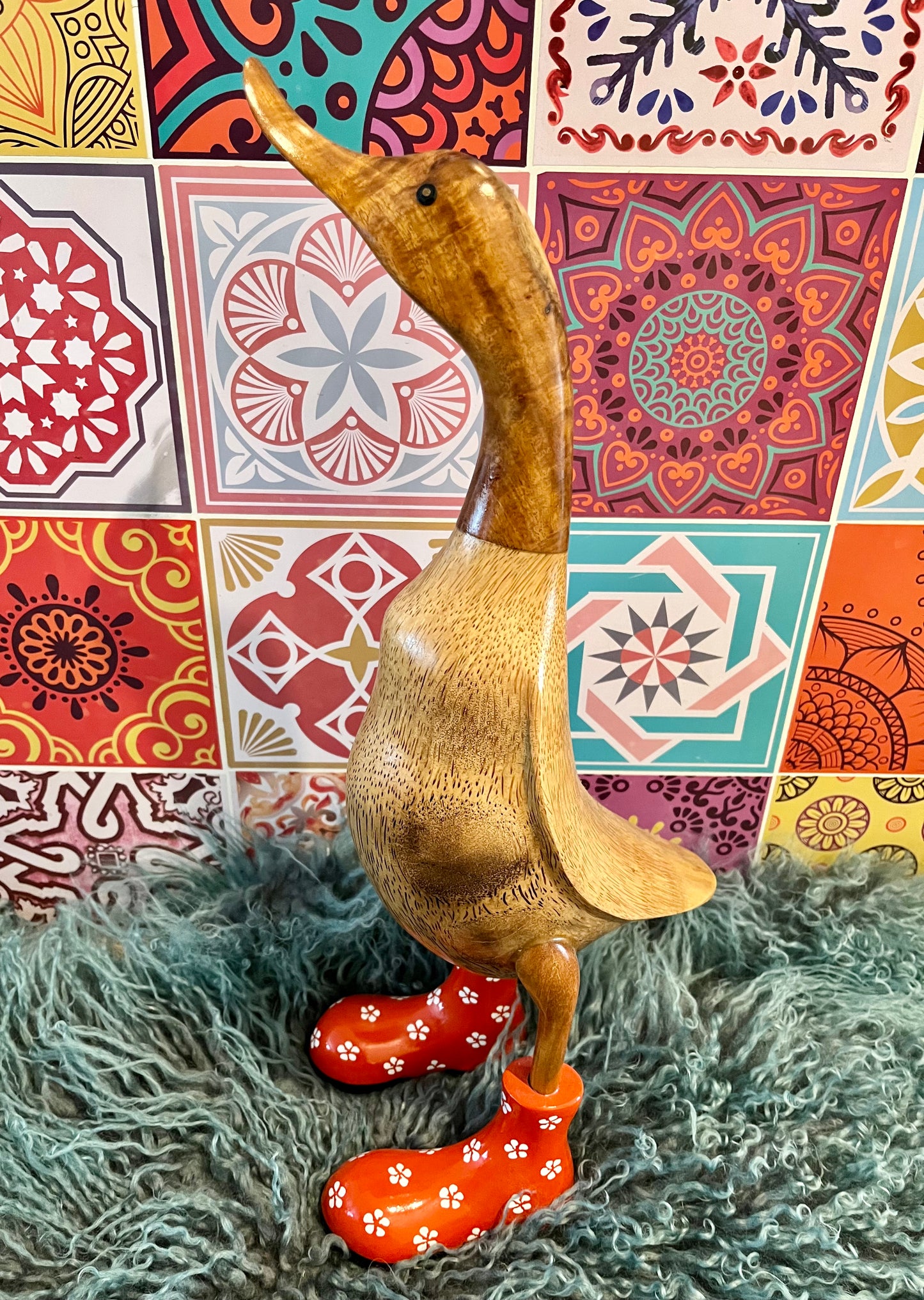 Funky Wooden Duck in Orange Boots