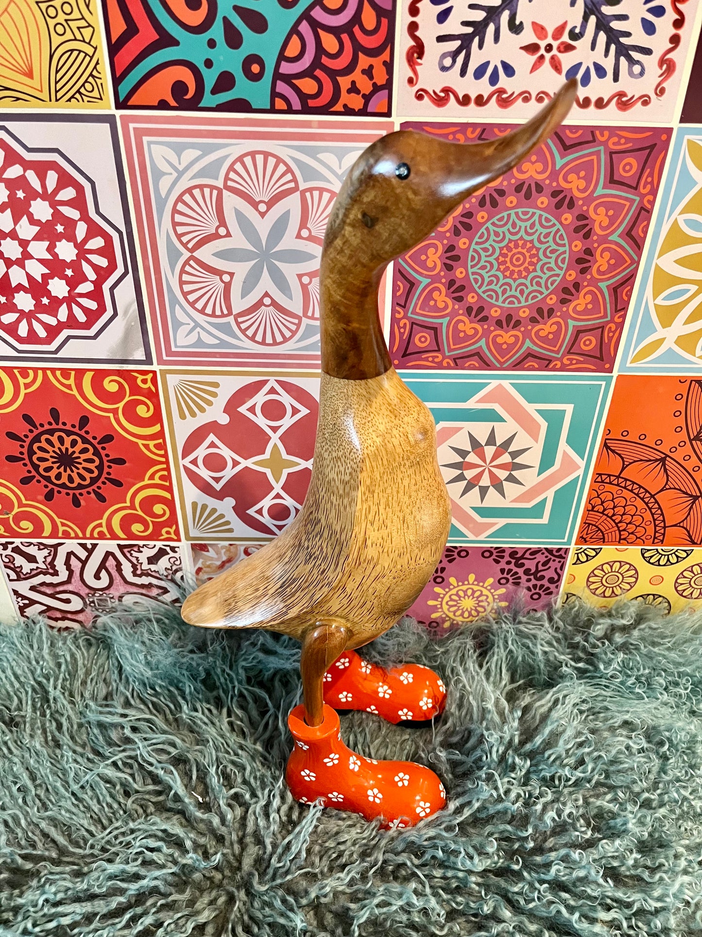 Funky Wooden Duck in Orange Boots