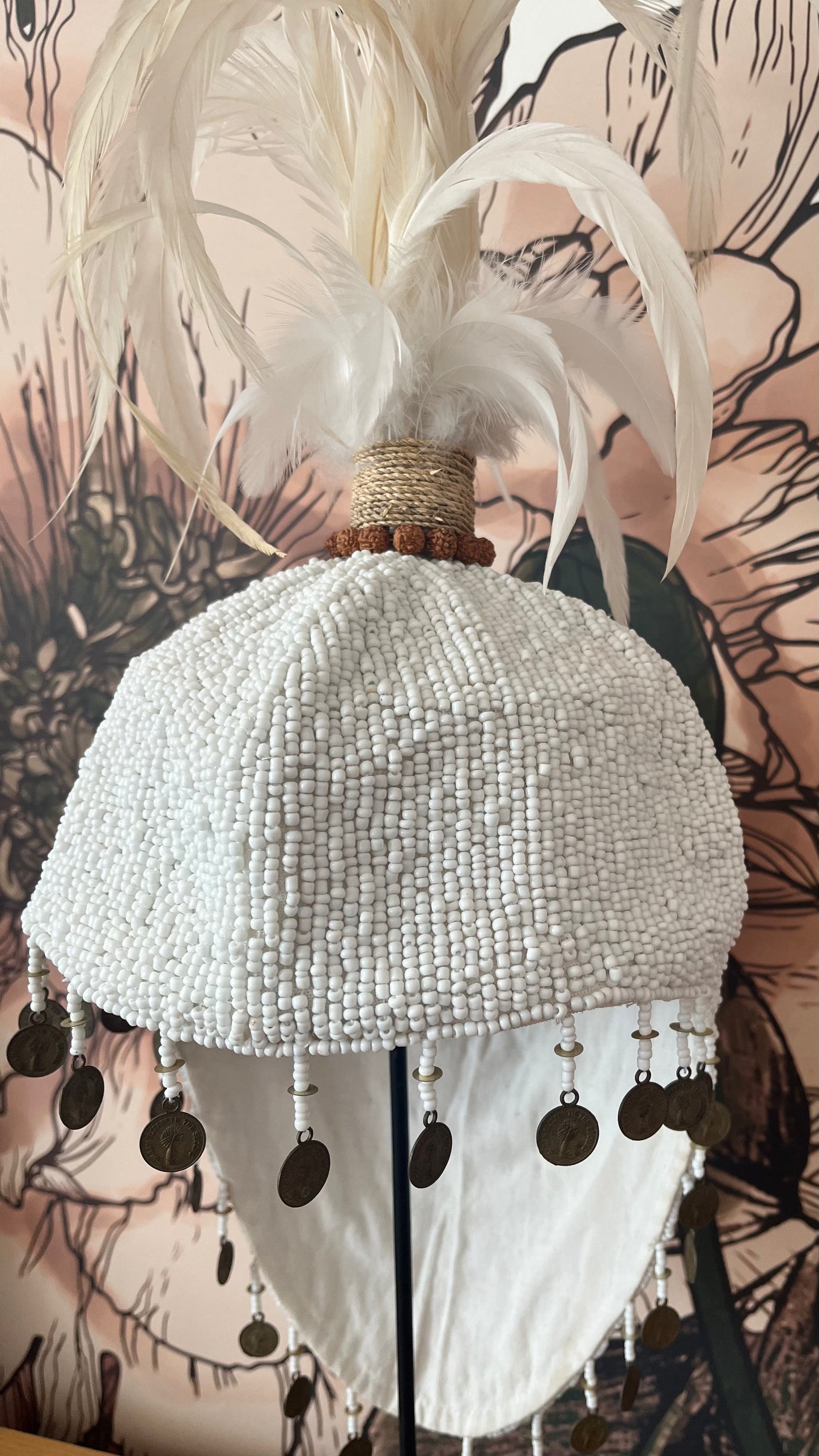 Plumed Feather & Bead Headdress With Stand