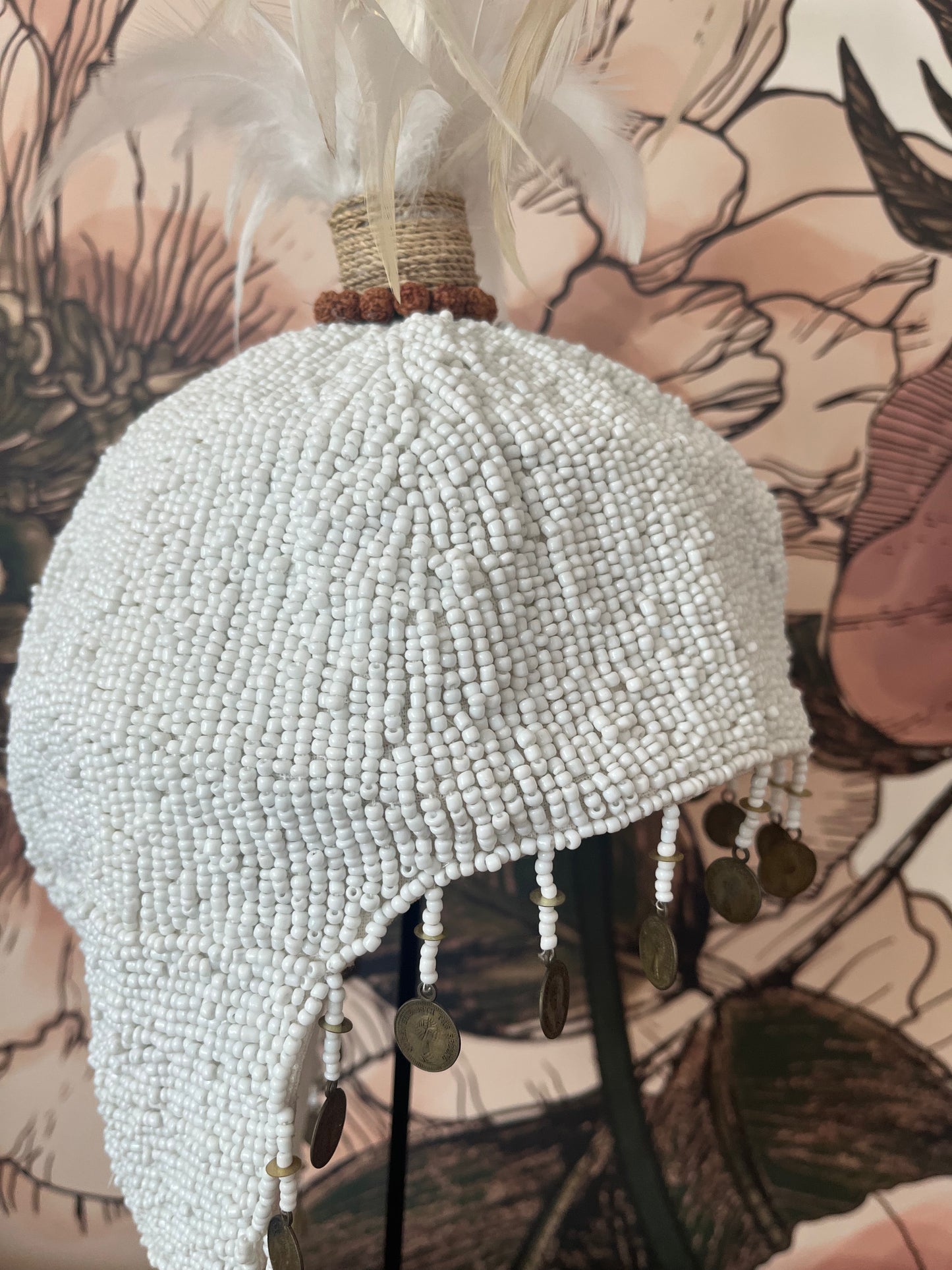 Plumed Feather & Bead Headdress With Stand