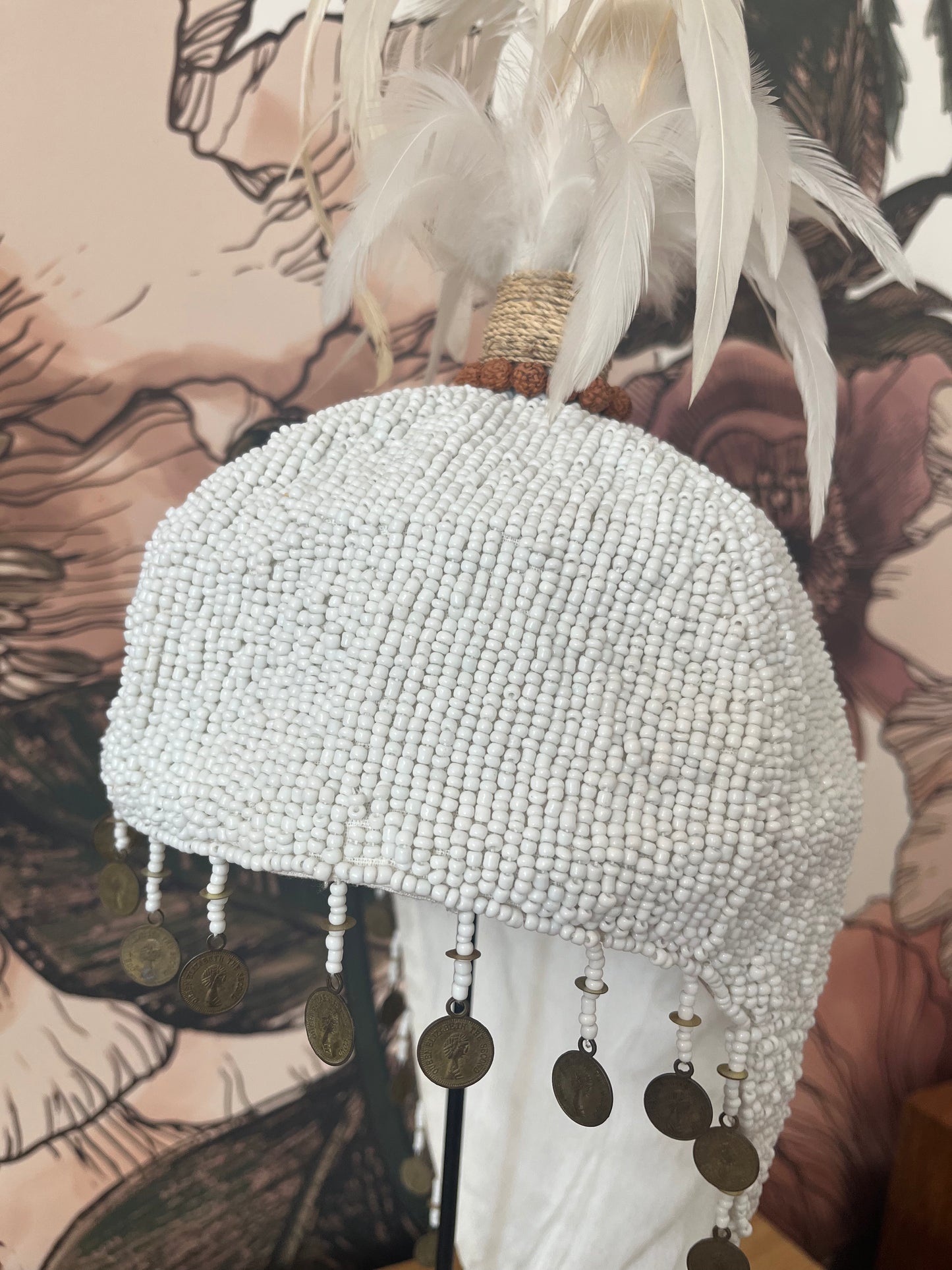 Plumed Feather & Bead Headdress With Stand