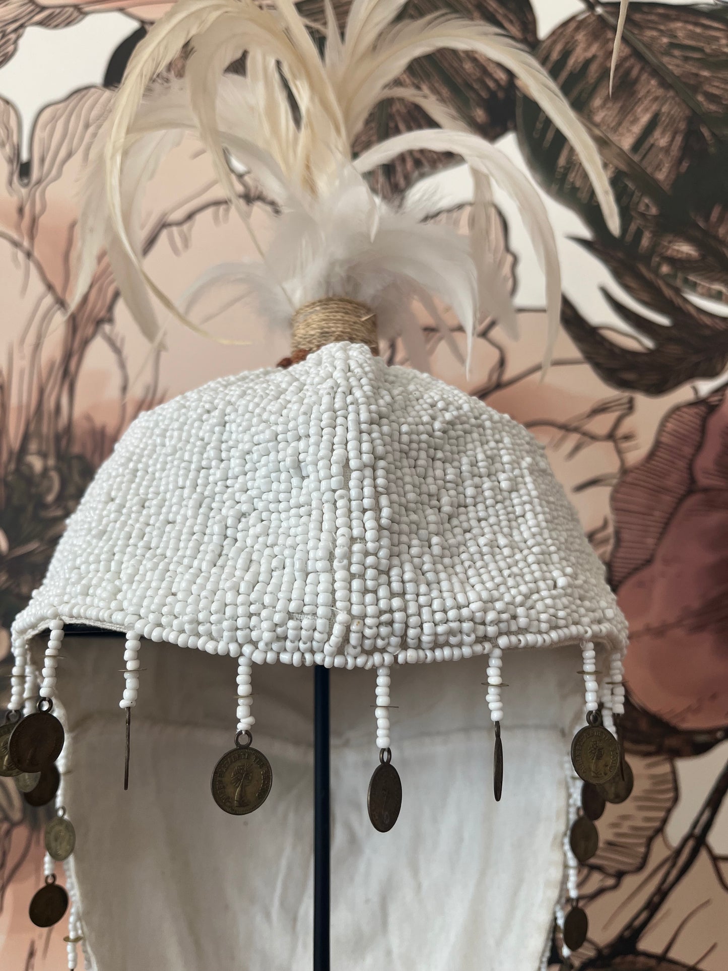 Plumed Feather & Bead Headdress With Stand