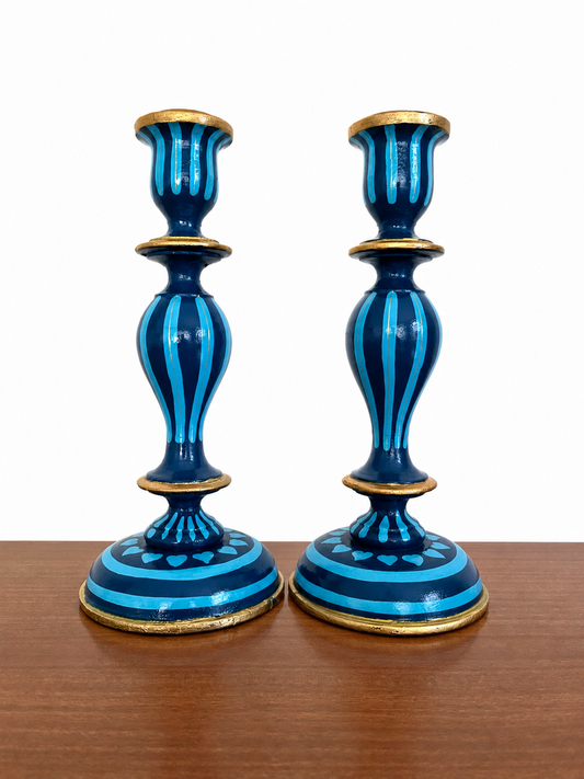 Pair of Large Blue Stripe Candlesticks