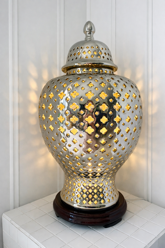 Stunning Silver Ceramic Cut Out Lamp