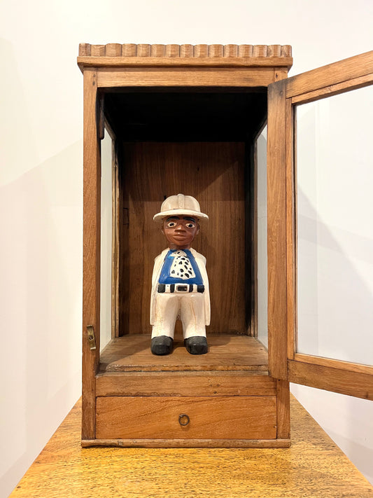 Vintage Wooden Display Cabinet with Wooden Figurine