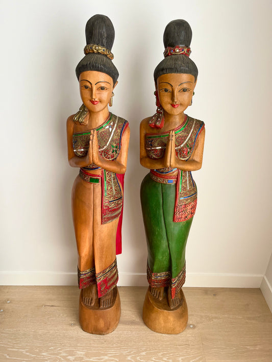 Beautiful Wooden Thai  Sawasdee Lady Wooden Statues