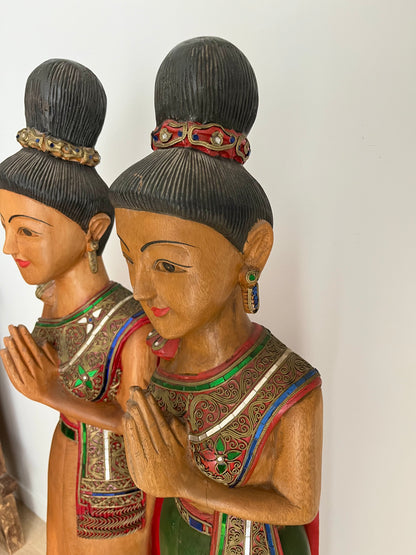 Beautiful Wooden Thai  Sawasdee Lady Wooden Statues