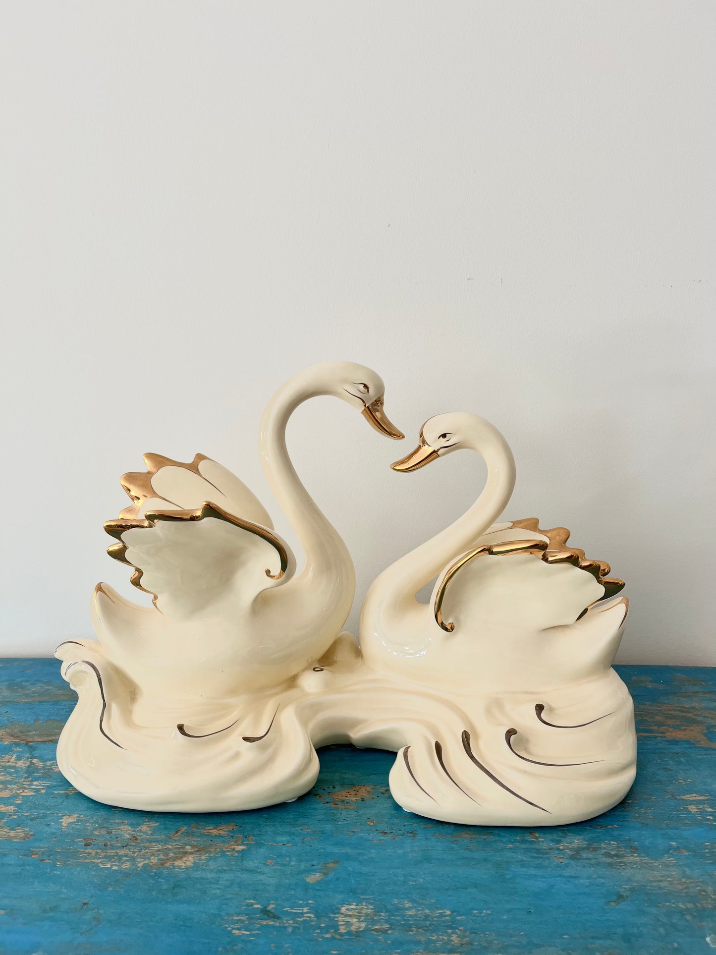 Large Vintage Porcelain Double Swan Figurine Centerpiece