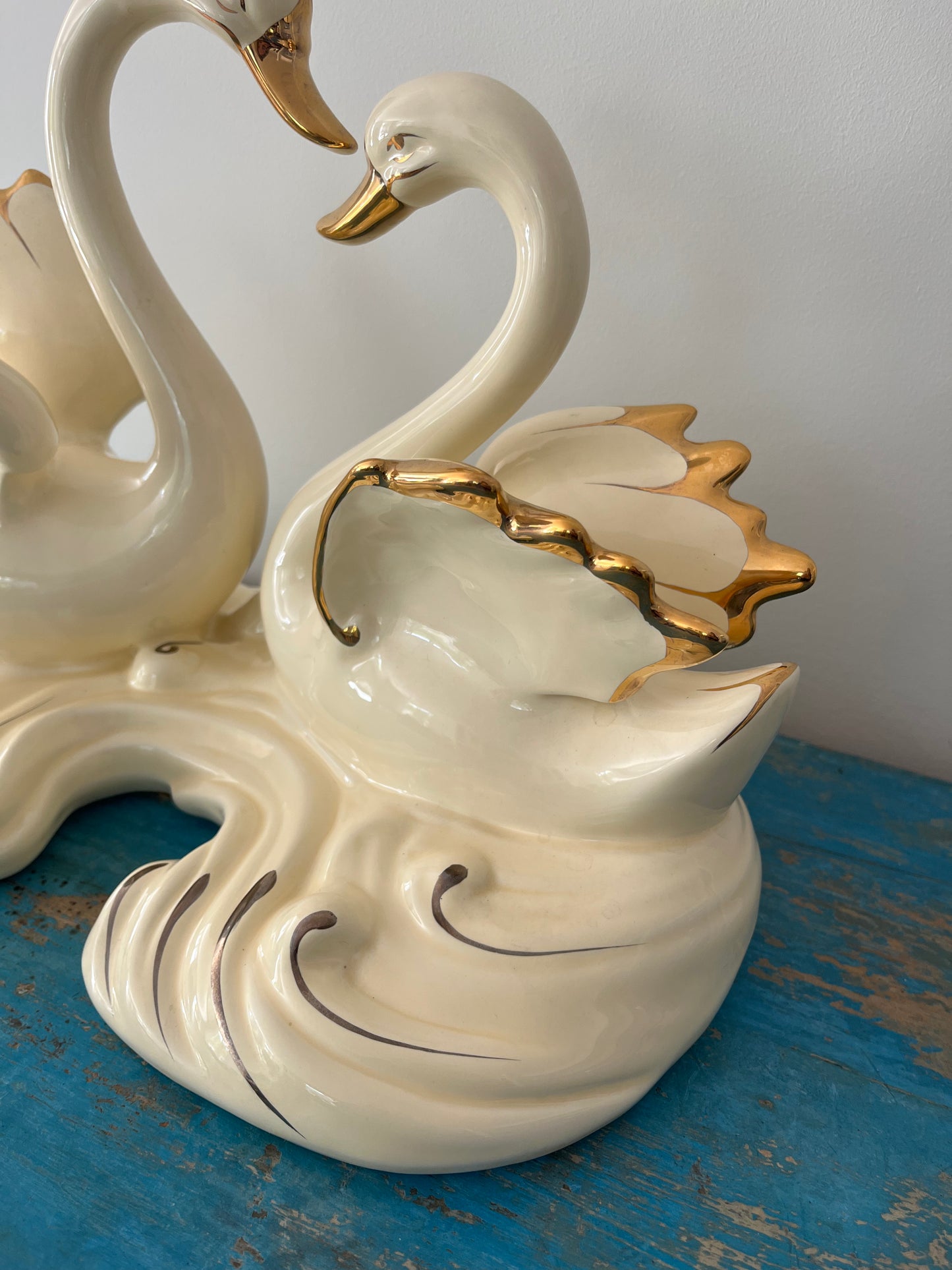 Large Vintage Porcelain Double Swan Figurine Centerpiece