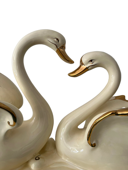 Large Vintage Porcelain Double Swan Figurine Centerpiece