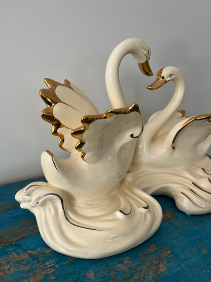 Large Vintage Porcelain Double Swan Figurine Centerpiece
