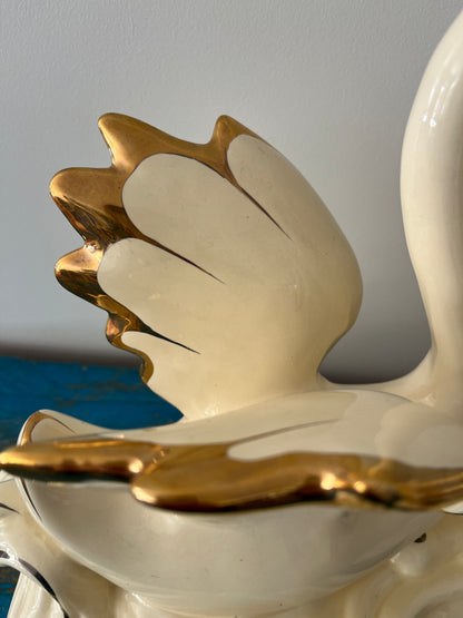 Large Vintage Porcelain Double Swan Figurine Centerpiece