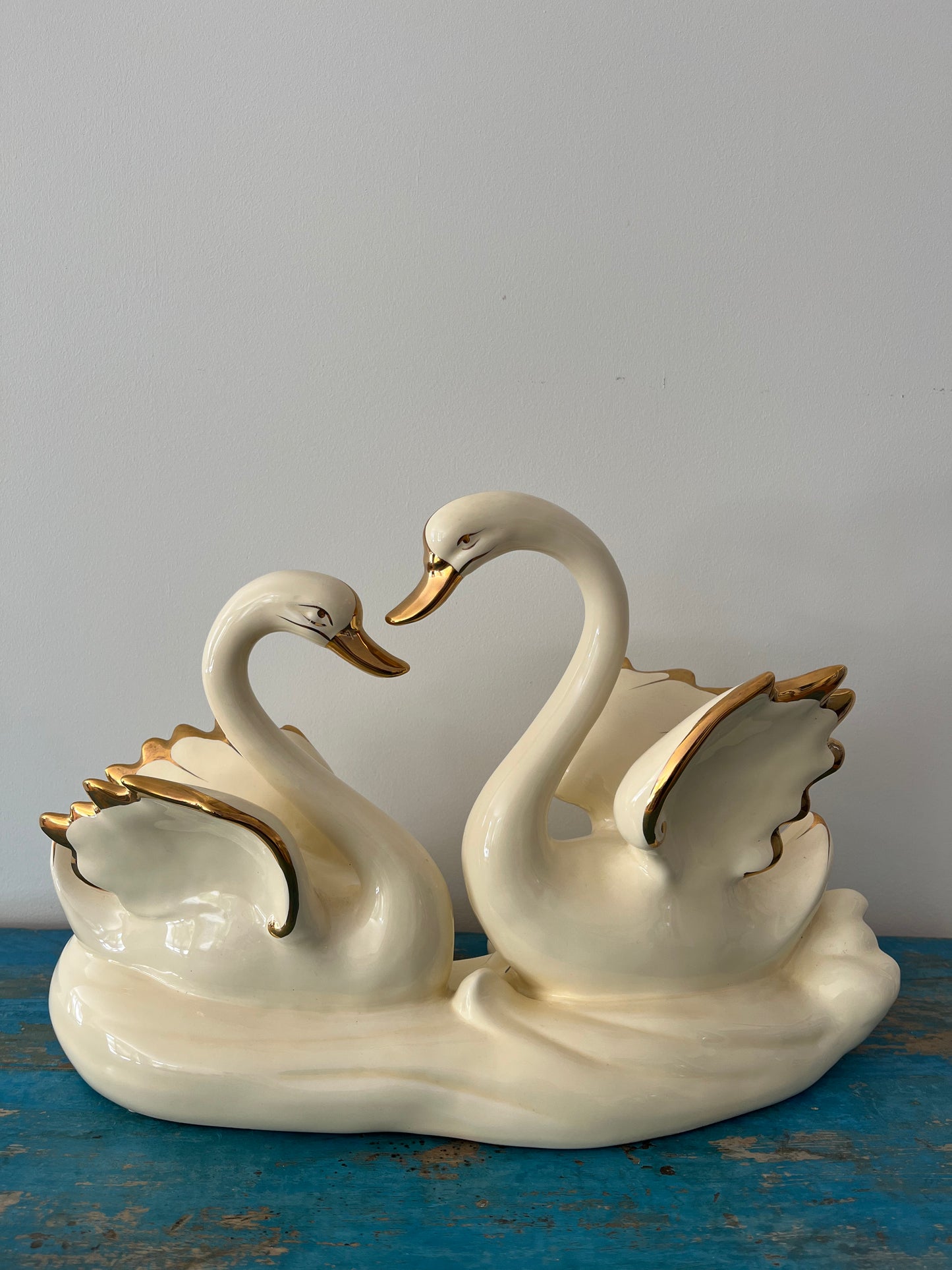 Large Vintage Porcelain Double Swan Figurine Centerpiece