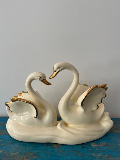 Large Vintage Porcelain Double Swan Figurine Centerpiece