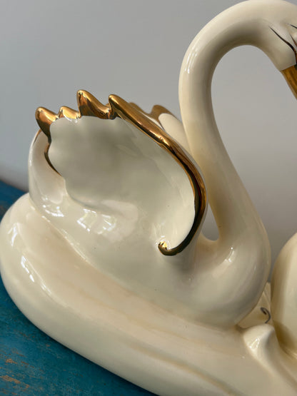 Large Vintage Porcelain Double Swan Figurine Centerpiece