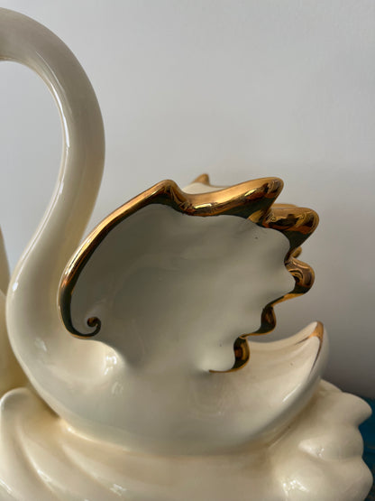 Large Vintage Porcelain Double Swan Figurine Centerpiece