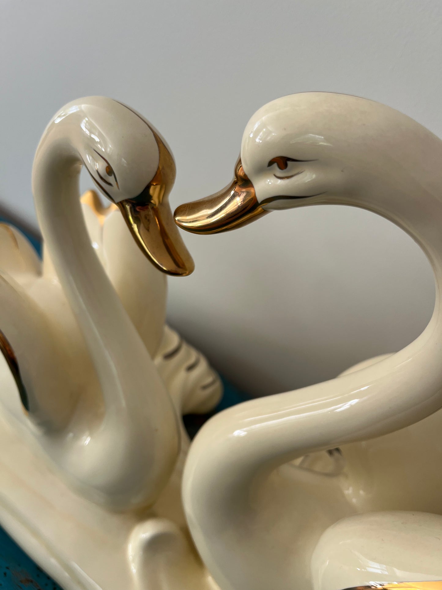 Large Vintage Porcelain Double Swan Figurine Centerpiece