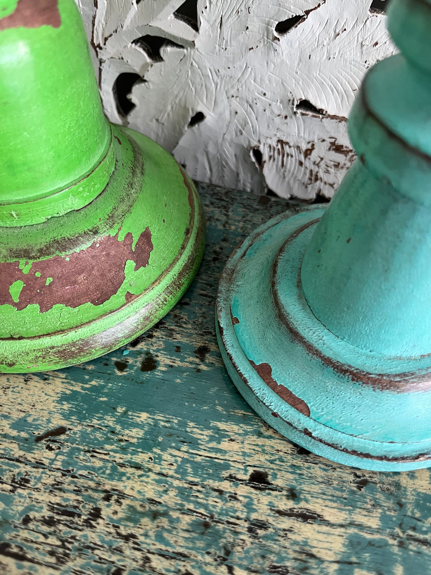 Colourful Trio of  Wooden Shabby Chic Candleholders