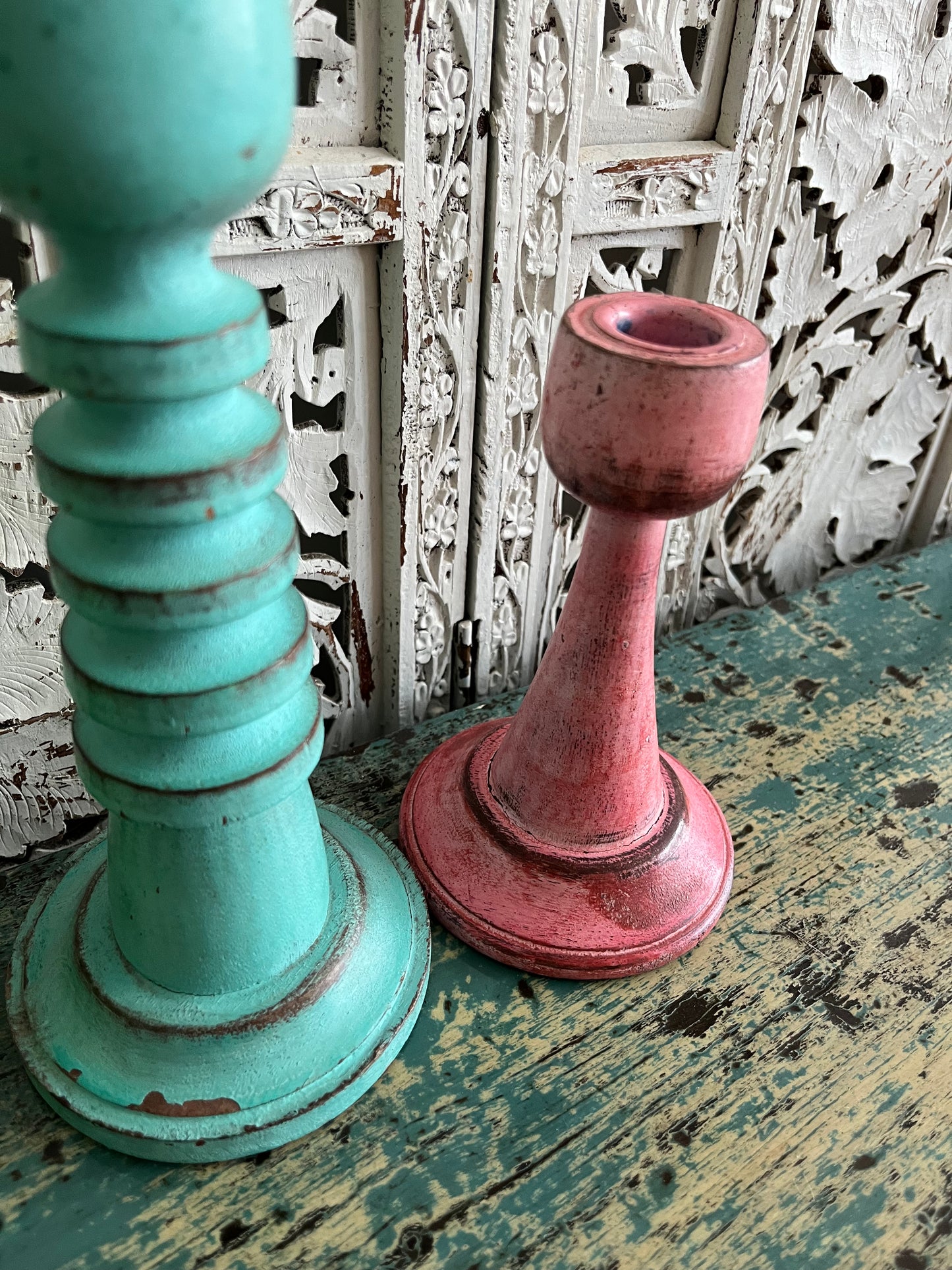 Colourful Trio of  Wooden Shabby Chic Candleholders