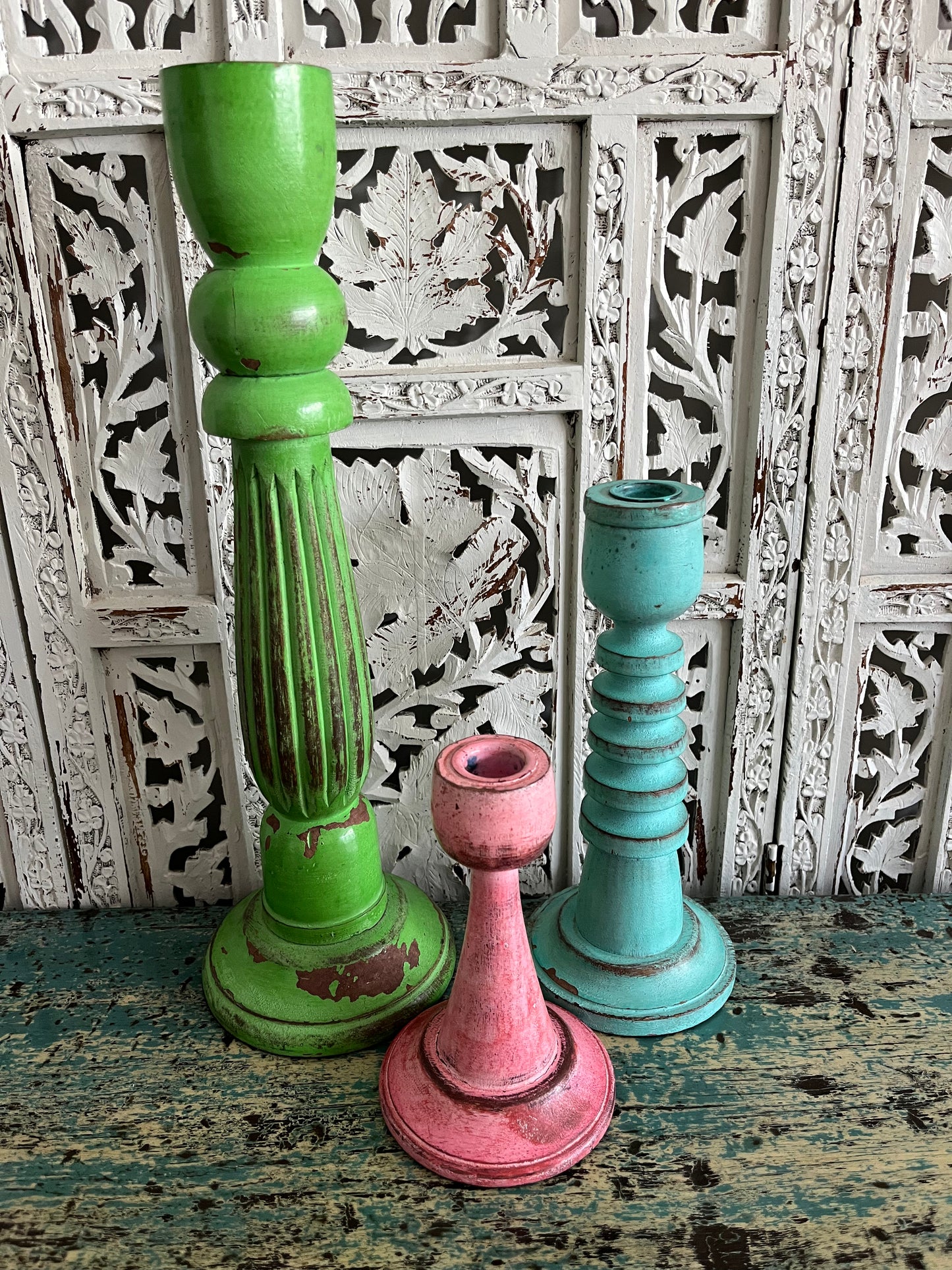 Colourful Trio of  Wooden Shabby Chic Candleholders