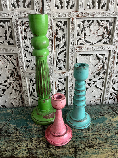 Colourful Trio of  Wooden Shabby Chic Candleholders