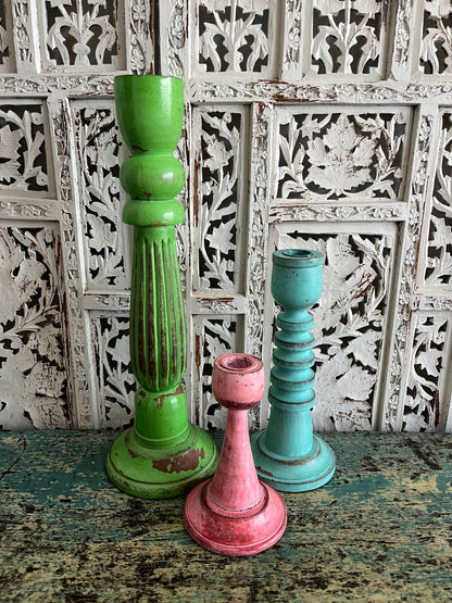 Colourful Trio of  Wooden Shabby Chic Candleholders