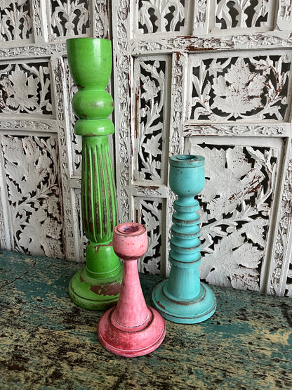 Colourful Trio of  Wooden Shabby Chic Candleholders