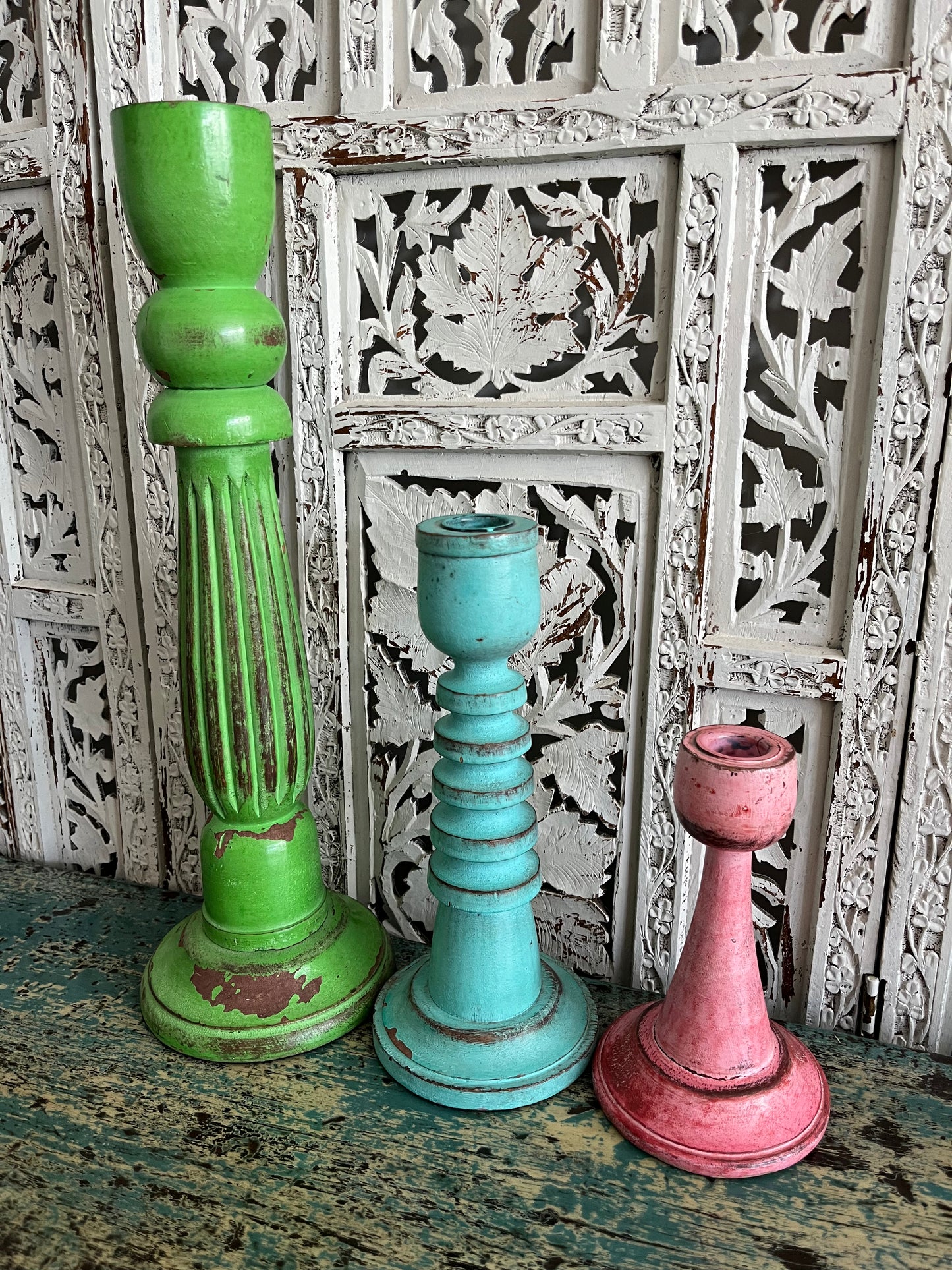 Colourful Trio of  Wooden Shabby Chic Candleholders