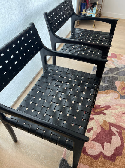 Pair of Leather and Wooden Woven Chairs