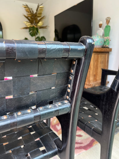 Pair of Leather and Wooden Woven Chairs