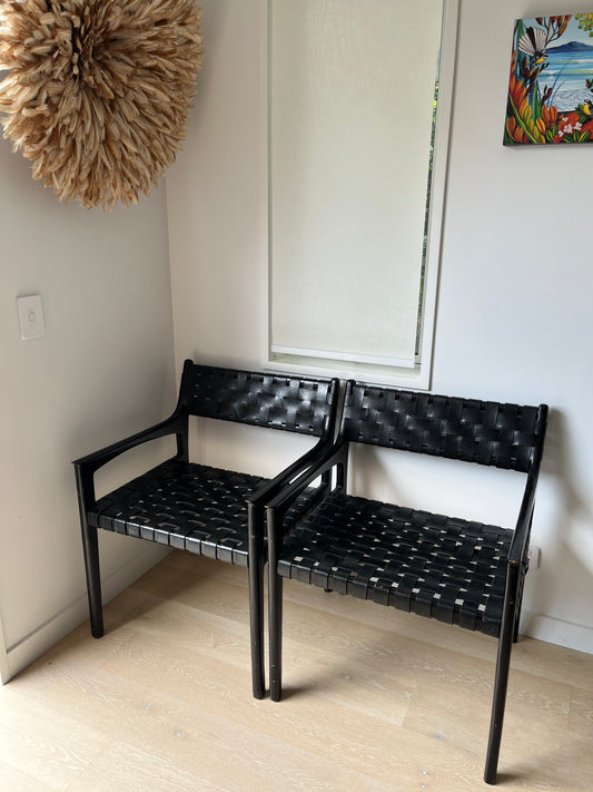 Pair of Leather and Wooden Woven Chairs