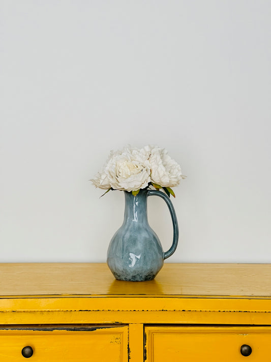 Blue Vase with Faux Peony Flowers