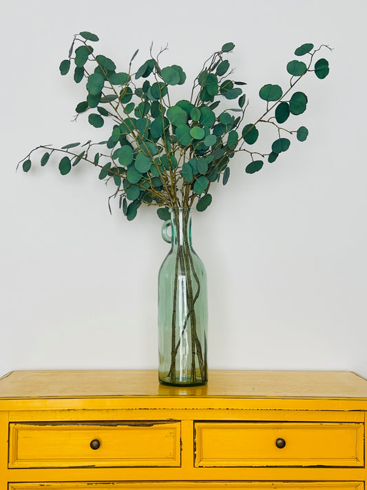 Tall Glass Le Forge Vase with Faux Eucalyptus Branches