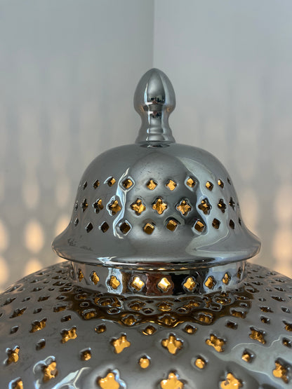 Stunning Silver Ceramic Cut Out Lamp