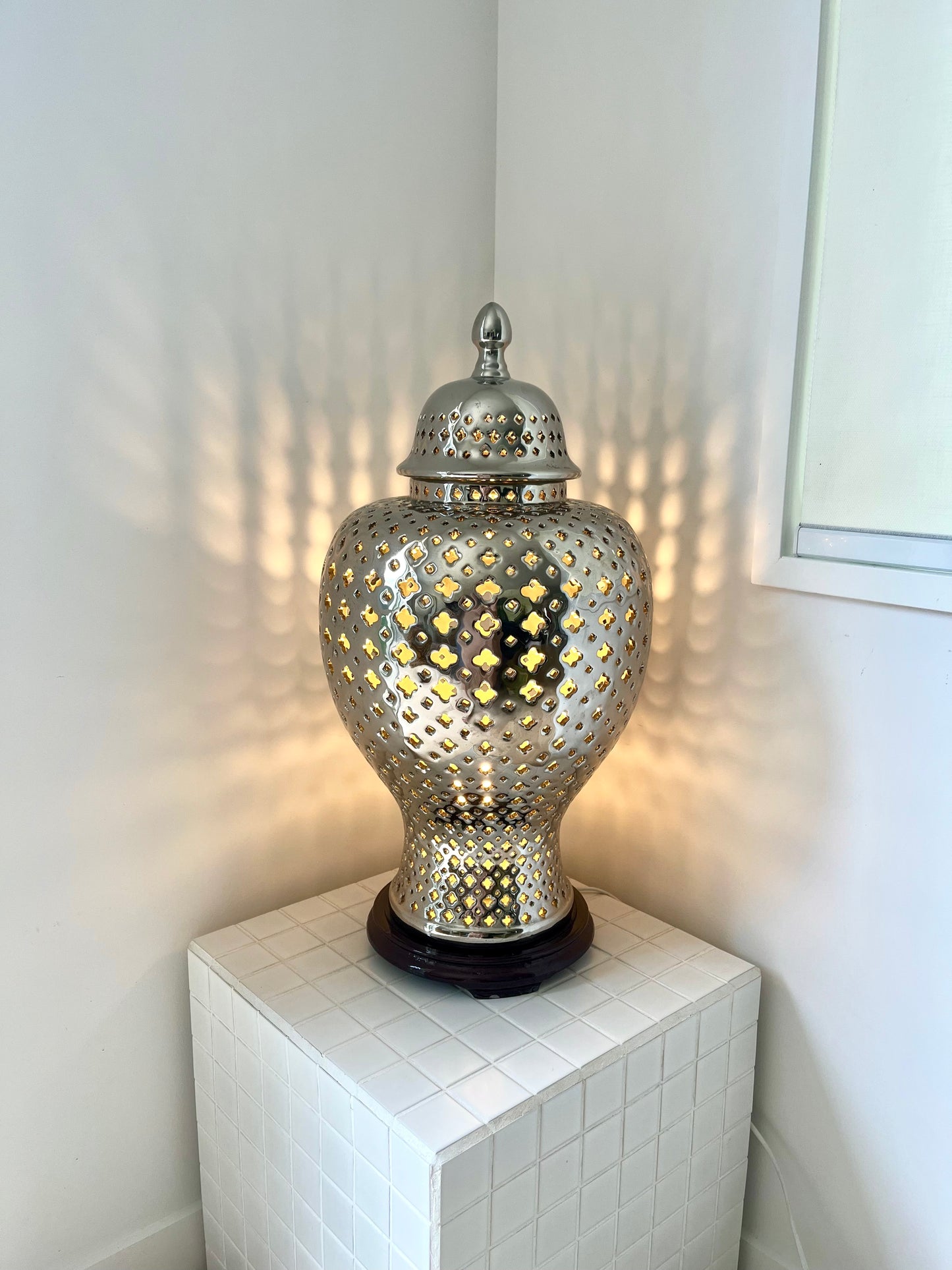 Stunning Silver Ceramic Cut Out Lamp