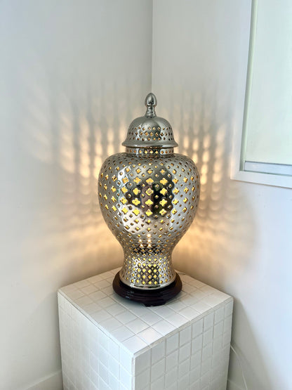 Stunning Silver Ceramic Cut Out Lamp