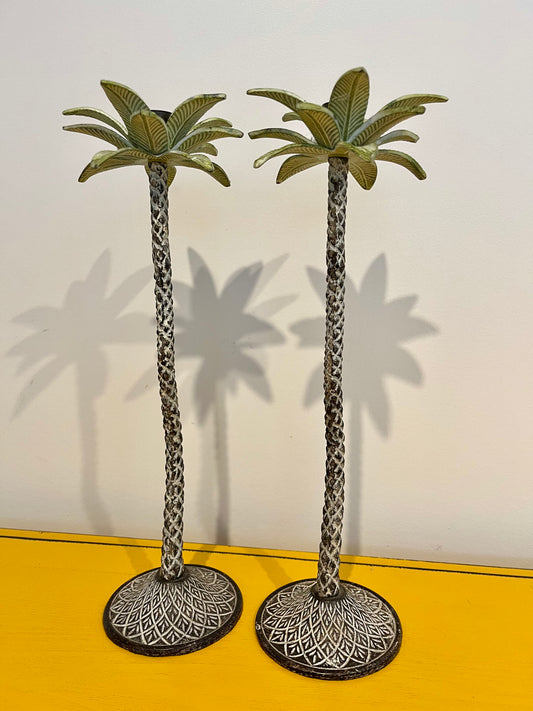 A Beautiful Pair of Metal Palm Tree Candlesticks