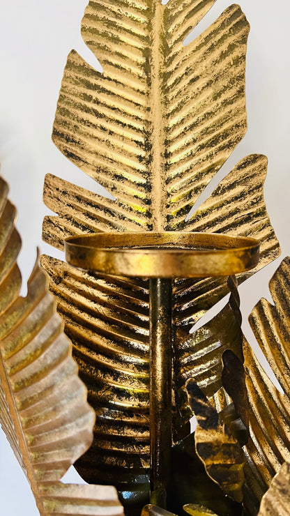 Beautiful Banana Leaf Candlestick Pair-Gold Metal