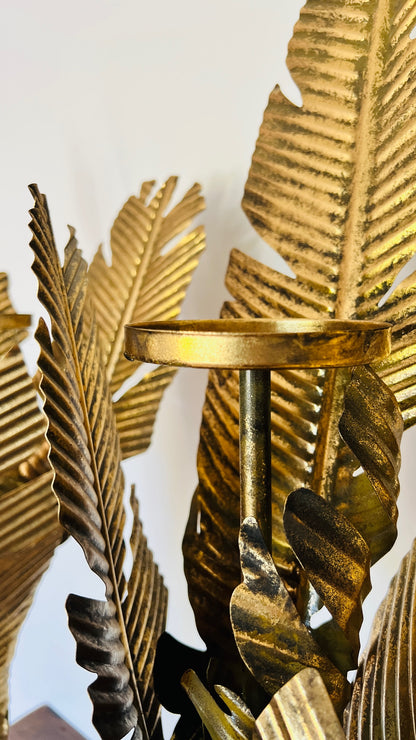 Beautiful Banana Leaf Candlestick Pair-Gold Metal