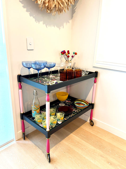 Mid Century Tropical Bar Cart with accessories