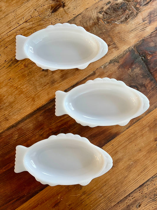 Trio of Vintage White Milk Glasbake Fish Shaped Dishes