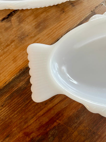 Trio of Vintage White Milk Glasbake Fish Shaped Dishes