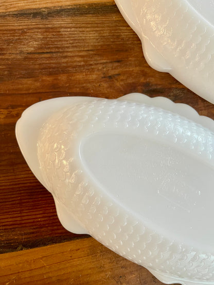 Trio of Vintage White Milk Glasbake Fish Shaped Dishes