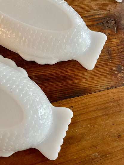 Trio of Vintage White Milk Glasbake Fish Shaped Dishes