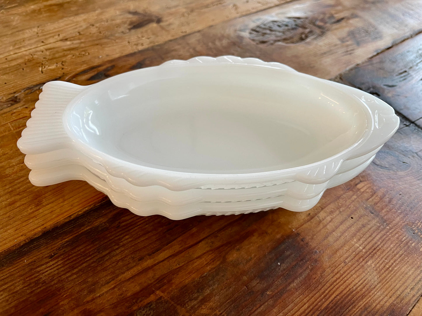 Trio of Vintage White Milk Glasbake Fish Shaped Dishes
