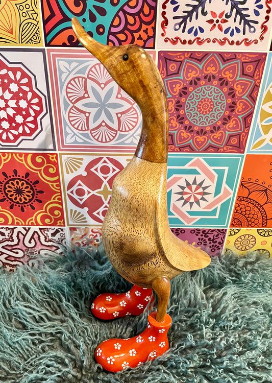 Funky Wooden Duck in Orange Boots